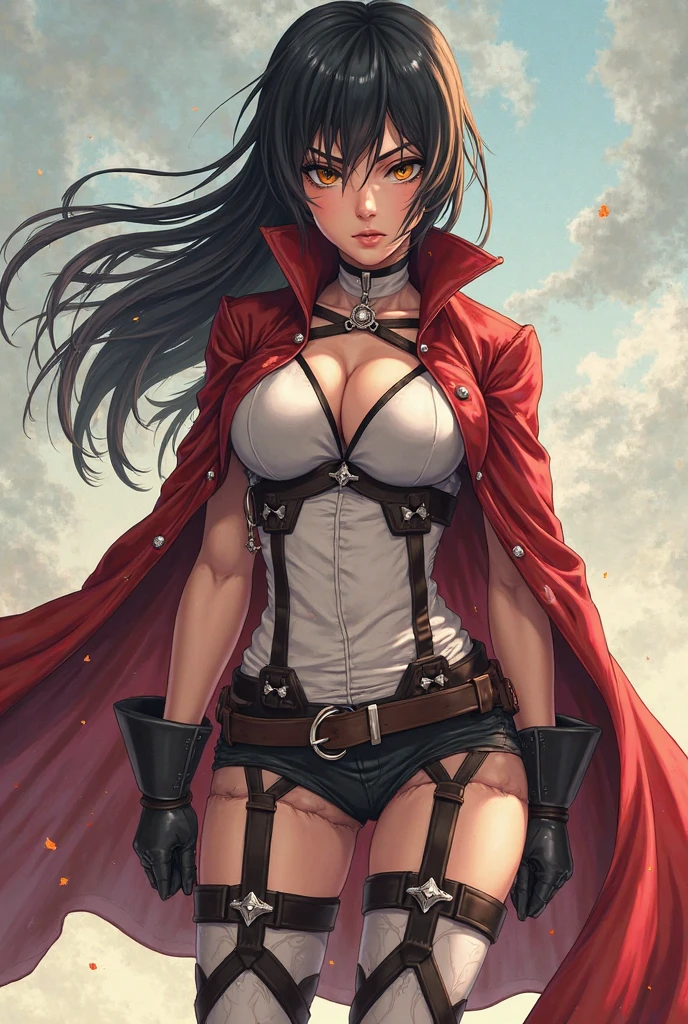 of the highest quality、masutepiece、ultra-detailliert、1womanl、Solo、25-years old、(underboob:1.3)、(Jet black uniform:1.3)、(Lens Flare:1.4)、(angry looking face:1.2)、(short twin-tailed black hair:1.2),Forehead, Shiny hair, Delicate beautiful face,  masuter piece、scary atmosphere,Looking at Viewer、a red skirt、(ruby eyes:1.2)Holding a Japan sword in his hand、Midnight Ruins、Blood on the face、red necklace、Red earrings、Dark scenery, sexy pose, (NSFW), anime, anime screencap, gigantic breasts, huge breasts, woman wearing full bodystocking, necromancer, raven, MILF, (very large breast), milf, (mature female), gloves, earrings, navel focus, capes, Elegant body, curvaceous but thin, the woman have beautiful detailed eyes, detailed textures, otherworldly ruins, fantasy, RPG, Dark atmosphere, extreme shading, masterpiece, best quality, milf, mature female, milfication, The armor covers her breasts and abdomen, ultra mega hyper ultra mega hyper ultra mega super big and beastly huge breasts. 