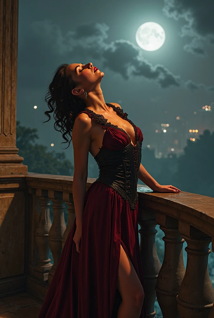 the slim beautiful female Vampire wearing a revealing plunge neck lace red dress stands on the cathedral rooftop overlooking the ancient Gothic city,wild hair,cleavage, mouth open baring fangs,evil laugh,at night, in the rain
