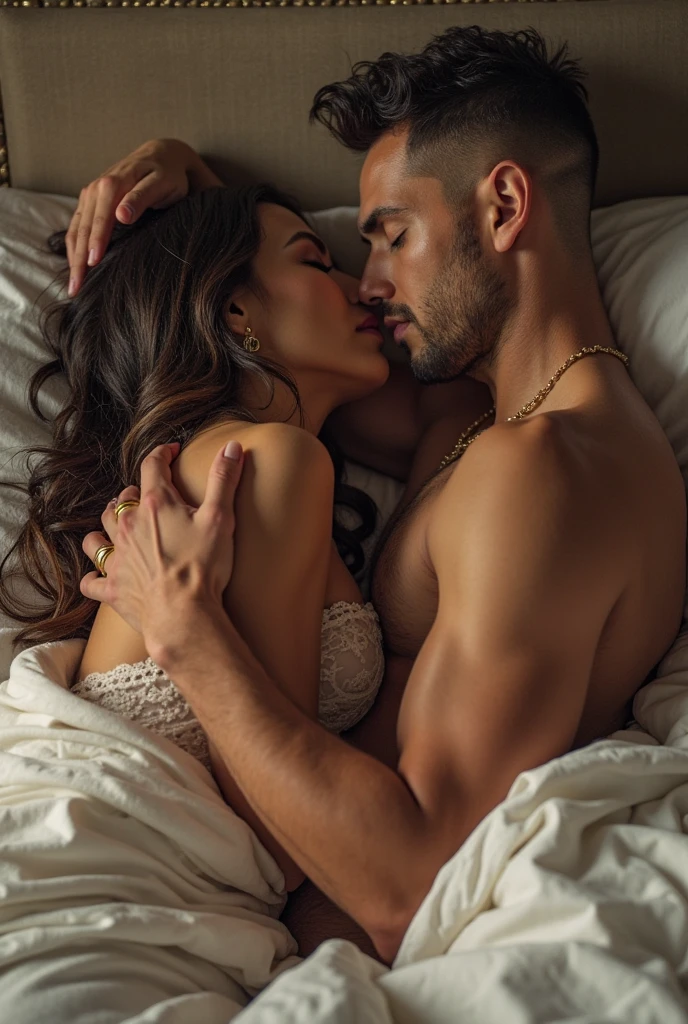 man sucking an indian actress breasts breast covered in a transparent sheer, lying on bed, in a lavish resort, cinematic feel