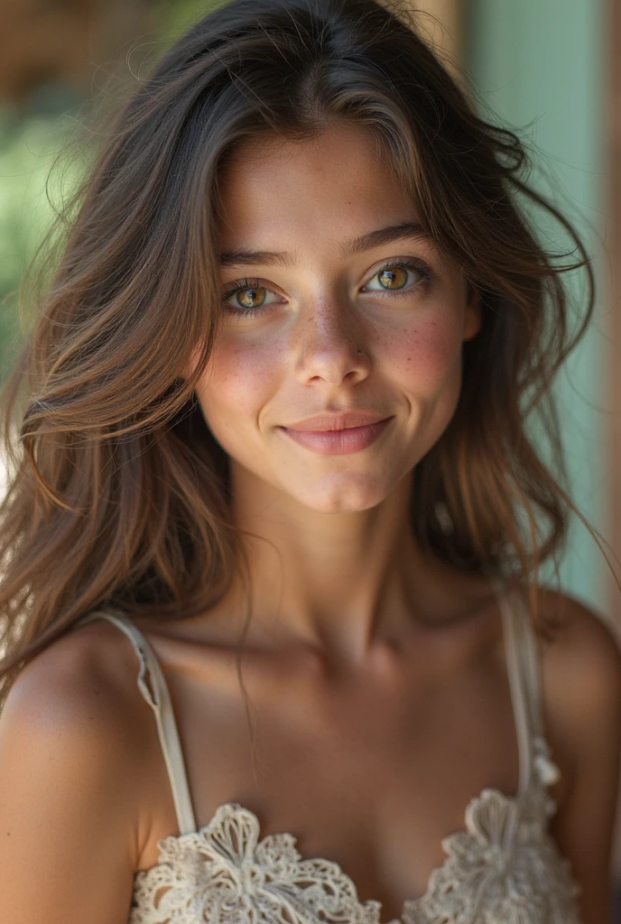 table top, highest quality, realistic, Super detailed, finely, High resolution, 8k wallpaper, 1 beautiful woman,, light brown messy hair, (Nude), (Full body), Random sexy pose, sharp focus, perfect dynamic composition, detailed and beautiful eyes, fine hair, Detailed and realistic skin texture, smile, close-up portrait, model body shape,full body description,