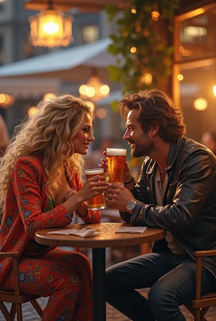 Rolf (39 Years old) living in Berlin, dressed in black tshirt and jeans, Tall skinny, with a beard, a little drunken and used looking, light and nearly bald, big smile, a little beautiful,
Cute butt, sitting in front of a abandoned warehouse bar in Berlin Kreuzberg drinking aperol Spritz at Sunset with Tessa (33), a blond sun kissed hair and skinny tall woman, not normally beautiful but natural Beauty
Size boobs, BIG ass, dressed in a short red dress, tiny teeth, wrinkles, tanned from a summer vacation in Italy