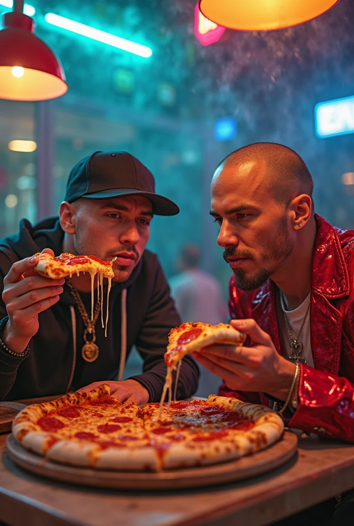 Turkish rappers with chains eating hamburger and drinking beer together, neon lights, graffitis on the walls, a bar
