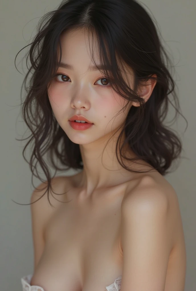 (masterpiece, best quality:1.2), 1girl, solo, asian, woman, freckles, black unederwear, skinny, ((topless:1.4)), ((medium breasts:1.4)), (flat cheast:1.3))