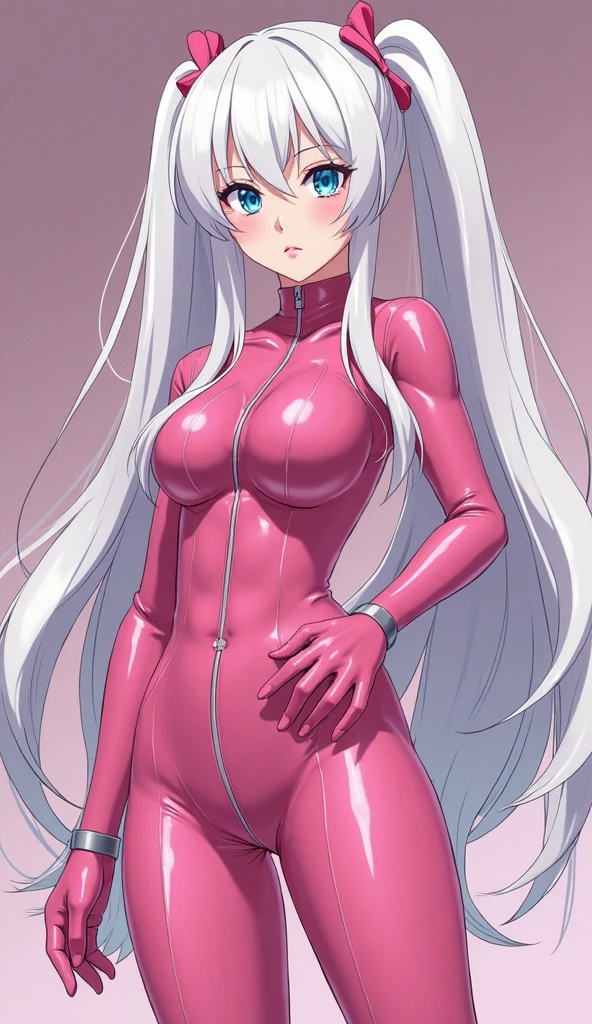 1girl, beautiful naked breasts, hard nipples, hand down the front of her unzipped bodysuit to masturbate, bangs, blush, see through bodysuit with the front zipped open, slightly open mouth, gloves, headphones, long hair, both eyes closed, pink see through bodysuit, simple background, skin tight, moaning, solo, pig tails, full body, very long hair, white background, white gloves, white hair, alice \(nikke\),(masterpiece:1.4),(best quality:1.4),(shiny skin), realistic