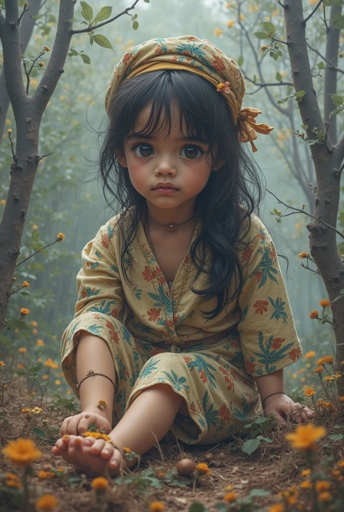 एक दुबली-पतली, उदास नज़रों वाली बिल्ली जिसके शरीर पर फटा हुआ (भूरा/मैला) कपड़ा लिपटा हुआ है। कपड़े के किनारे धागे से लटक रहे हैं, और बिल्ली के बाल अस्त-व्यस्त दिखाई देते हैं। पृष्ठभूमि में एक गंदी गली या कच्ची झोपड़ी का दृश्य हो सकता है। बिल्ली की आँखों में भूख और बेबसी झलक रही 