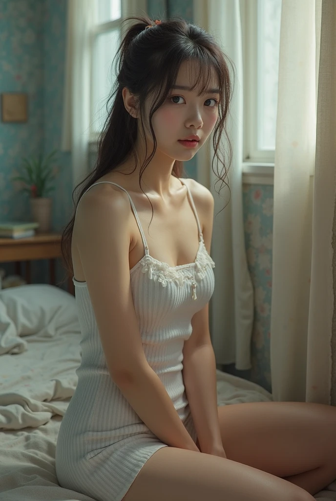 Picture the soft, diffused light filtering through a delicate lace curtain, casting a soft glow on the girl's face and figure. The gentle play of light and shadow highlights her natural beauty and creates a sense of intimacy and vulnerability