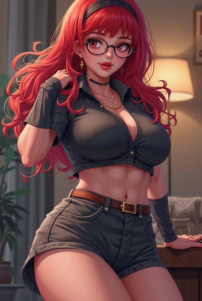 (masterpiece:1.2), (best quality:1.2), perfect eyes, perfect face, volumetric lighting, 1girl, mature female sitting on the edge of a bed, leaning back on hands, glasses, open buttoned shirt, stockings, zfuta, futanari, erection, small penis, testicles, big natural breasts, abs, navel, pompadour cut, long red hair, smiling, black lipstick, thick eyelashes, detailed indoor background <lora:largeFutanariLora_v10:1>