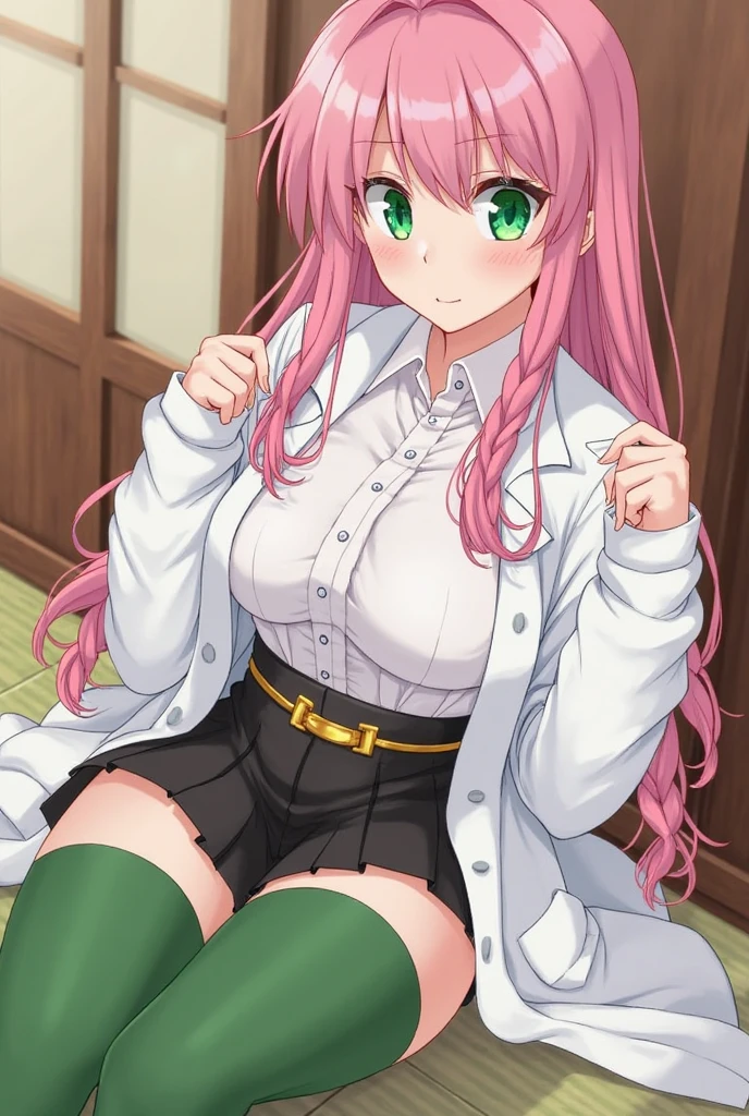 masterpiece, Highest quality, High resolution, Lala Satalin Deviluke, Official Art,Long Hair, Ahoge, hair ornaments, Green Eyes, Bare chest,pink lace bra,Pull your bra up, Checked skirt, Green Skirt, sports warehouse, anger,Disgust, ,Skirt Lift,No panties,Sweat,((Detailed pussy)),((pussy_focus:1.5))