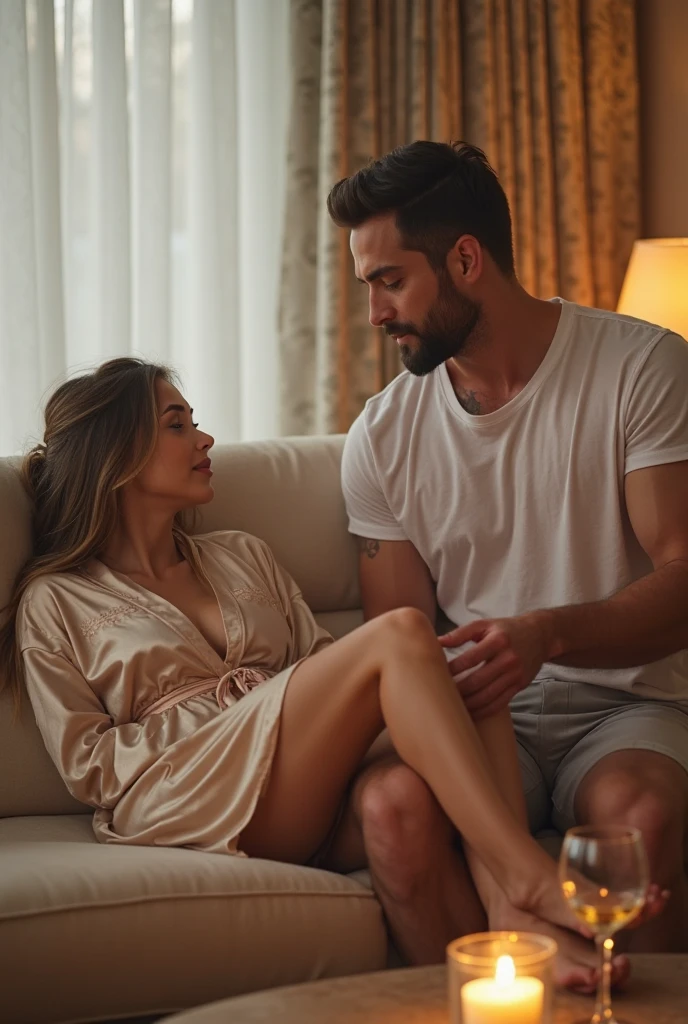 20's beautiful woman wearing short grey skirt and white blouse, two 20's men sat on a sofa cuddling woman. Woman is white skin, straight hair, large saggy flat breasts with no bra or panties,  womans legs are slightly open,  looking at each other, 