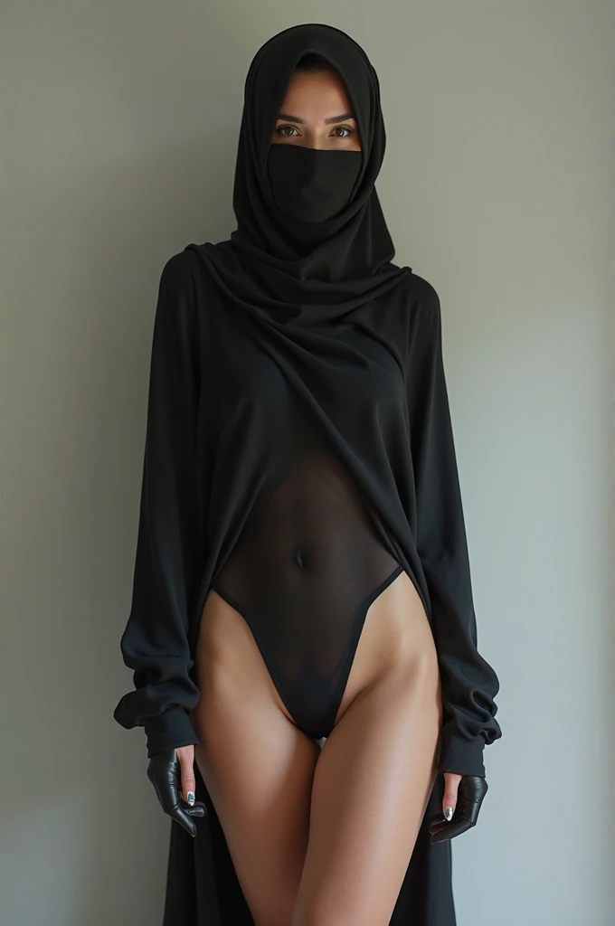 a beautiful asian muslimah woman with beautiful cheeks wears monkey lycra turtleneck unitard catsuit with tail.She always wear monkey lycra dancewear hijab with ears.