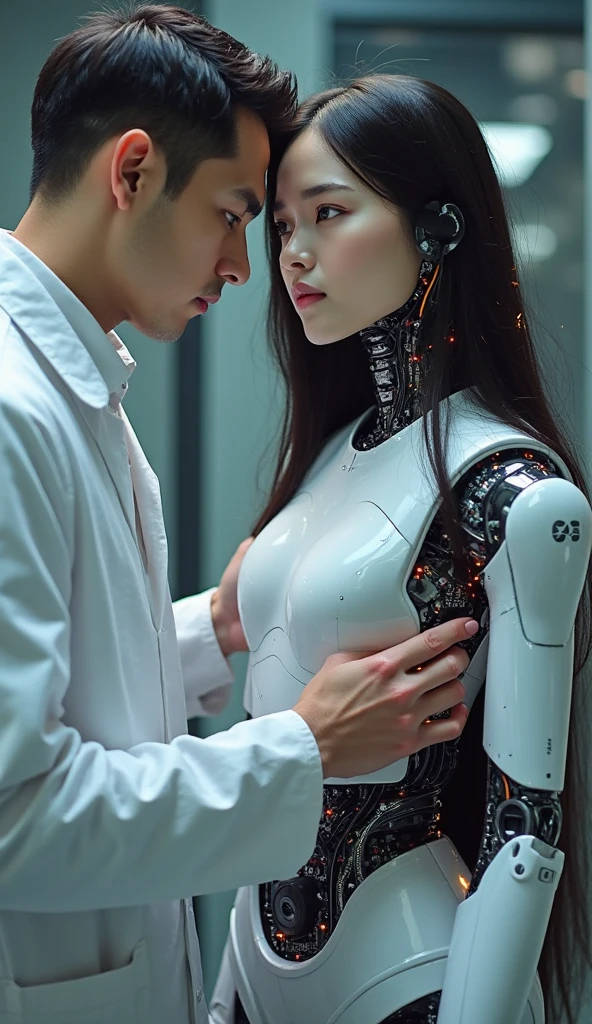 female robot, big breasts, pink lips, white body, robot arms, wearing glove, taking care of teenage boy on the bathroom