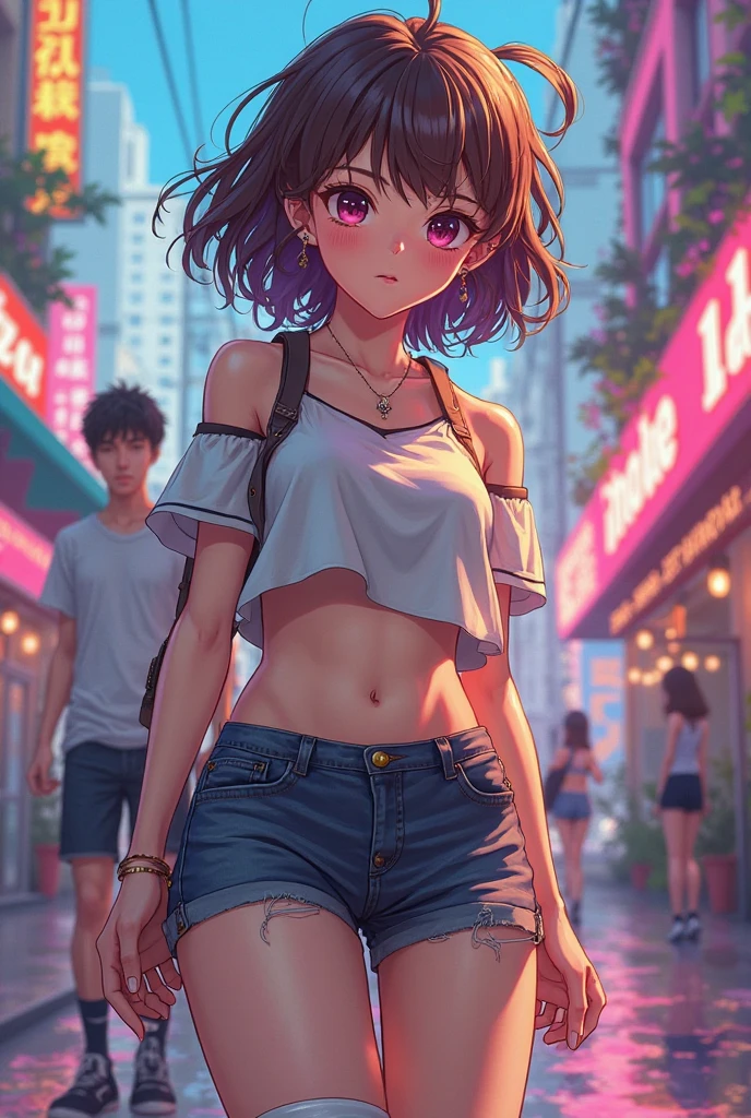 ((masterpiece,Highest quality:1.3,best quality illustration)),(realistic:1.2)、cowboy shot,solo,1woman,((Mature Beauty)),black hair,(very short bob hair),bangs,black eyes,(gorgeous big eyes),(very small head),blush,(very long body,skinny,slender body,tan skin),((Navy blue baseball jacket)),small breasts,gleaming skin,oily skin,denim micro shorts,Wearing a white tank top and a blouson,on street,New York City、
