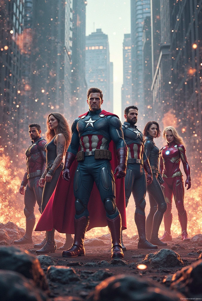 a group of marvel superhero characters, highly detailed, epic battle scene, cinematic lighting, dramatic poses, 4k, hyper realistic, photorealistic, masterpiece, (best quality,4k,8k,highres,masterpiece:1.2),ultra-detailed,(realistic,photorealistic,photo-realistic:1.37),muscular physique,intense expressions,dynamic action,vibrant colors,cinematic composition,dramatic shadows,powerful energy effects,advanced technology,futuristic setting