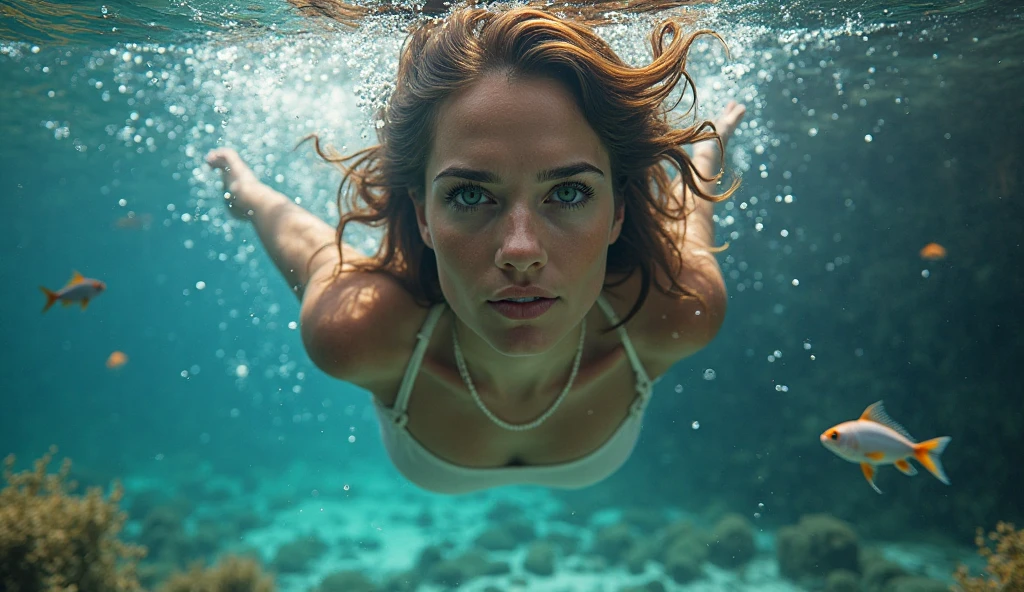 A beautiful woman diving into an ocean of ideas, with different currents representing schools of thought