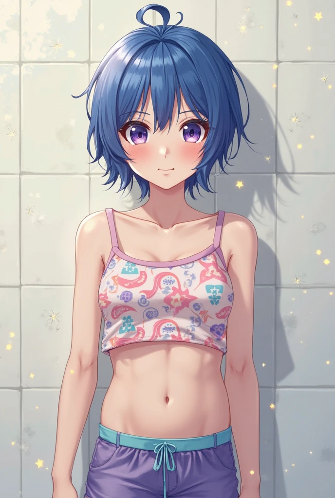 mio aikatsu, mio minato aikatsu, small breasts, nude, peace sign, on bed, blush , shy, embarrasing, smile,