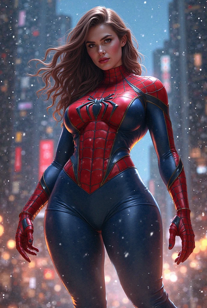 POV: sexy cute beautiful (tiny Amouranth) in front of you, (((huge breasts))), (slim thick), (skinny), ((ultra-detailed)), (photorealistic), 8k, curvy accentuated body, at a street, raining, (small waist), (((wide hips))), 25 years old, smiling, ((tight Marvel's Spiderman suit))