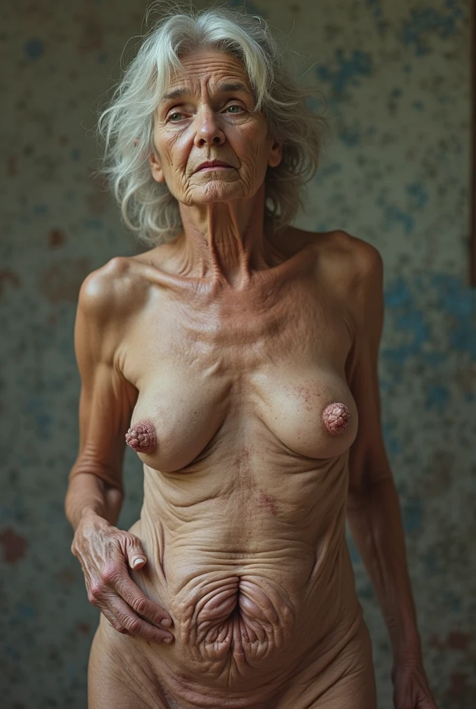 8K, photorealistic, photo of a 30 years old woman at the strip mall, with age-appropriate wrinkles, completely naked, pubic hair, standing, perfectly-centered, cowboy shot,