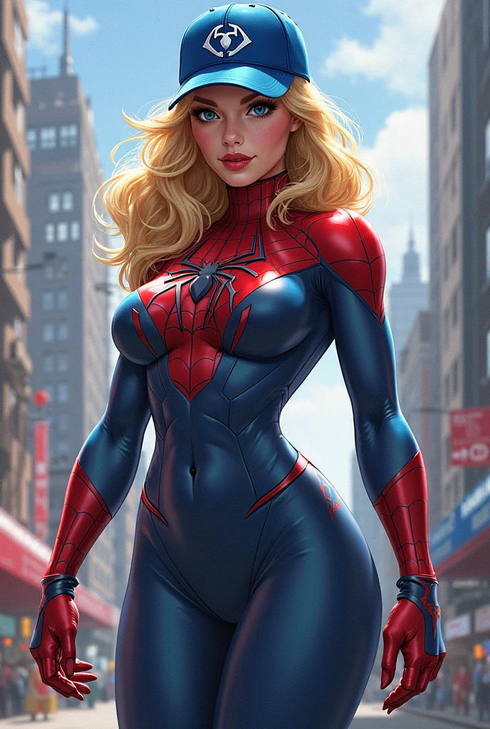 A girl，Female Spider-Man，Beautiful face，blond，Blue Eyes，Lively expressions，A charming smile。Red tights mesh pattern，Rooftop，Skyscraper Rooftop Terminal Jump，Full figure，huge breasts, huge ass, With bare legs，，sexy uniform, Light and shadow effects，Fine image quality，excellent work，8K