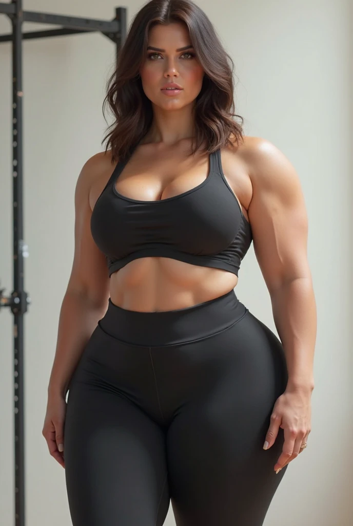 40 yo girl in tight leggings muscular legs and in black bra 32b
