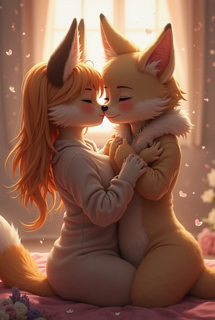 fox, anthro, female, long blonde hair, medium butt, pink short dress, white panties, high white socks, perspective, curved thighs, medium thighs, sitting, side view, kissing a human, male, short brown hair, jacket, sexy smile, big and long tail, orange and white hair, green eyes, short dress,