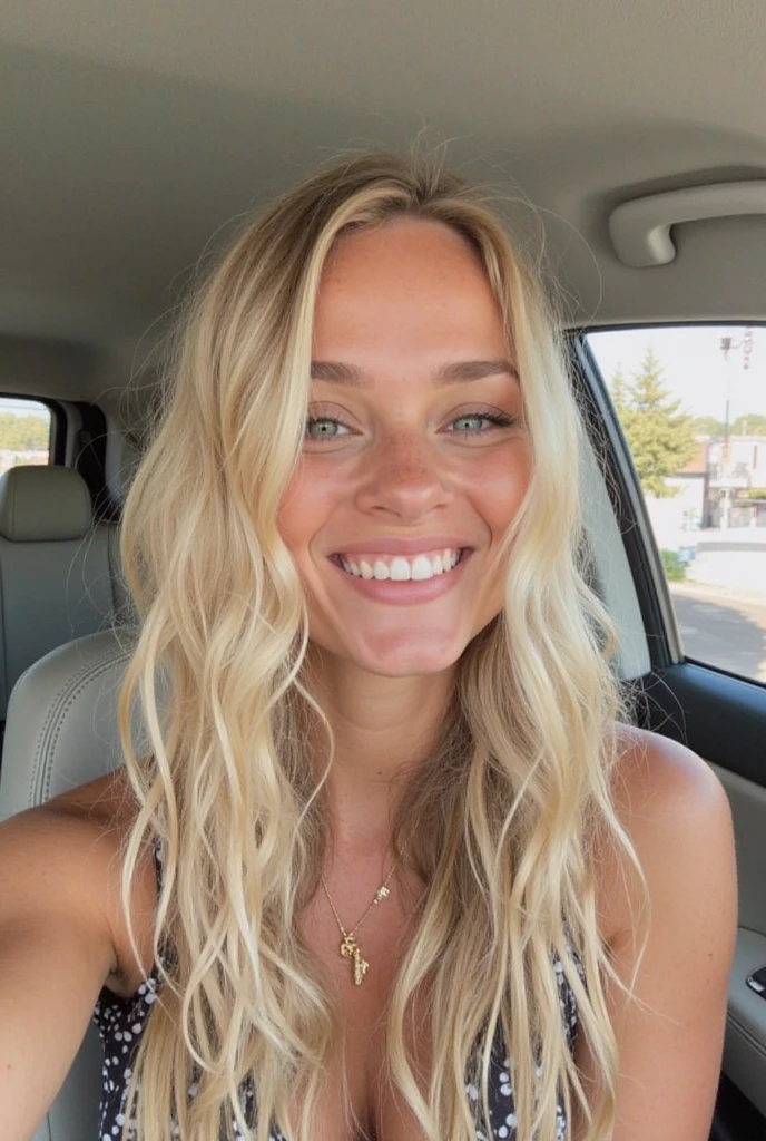 slim feminine figure, redhead, freckles, best quality, realistic skin texture, photography, detailed facial features, film grain texture and high contrast, extremely high-resolution details, photographic, photorealistic, hyper-realistic, HDR, masterpiece, ((short hair)), blue eyes, ((very thin waist)), sitting in her car, taking a selfie, smiling, cleavage