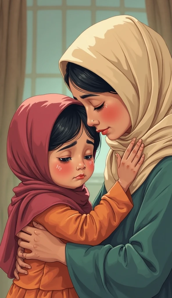 a muslim mother crying and sad wearing hijab child very sick 