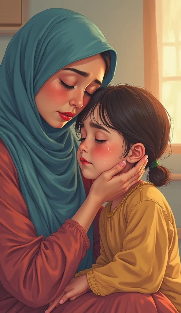 Picture of a housebroken boy sitting on a boat in a small river in a t-shirt and black pajamas crying on his mother's lap and her mother wearing a hijab