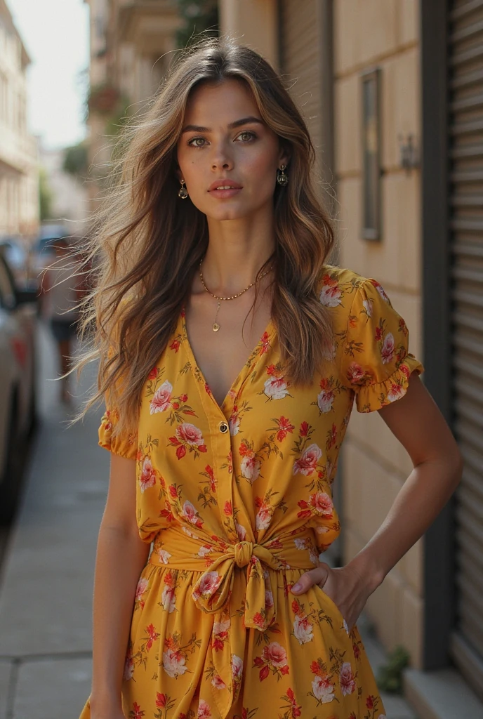 Foto hiperrealista en primer plano de Alicia Vikander, masterpiece, best quality, (photorealistic:1.4), full body,  (light green Casual Boho Floral Blouse Shirts V Neck Long sleeveless Lightweight Chiffon:1.2), (with brown fall midi midi skirt:1.1), heels, street of New York, sunny day, cinematic light, beautiful woman, skinny, medium  breasts, wave dark blond hair, detailed face, smile, facing the camera, photo taken from a distance, age of 20 years old,