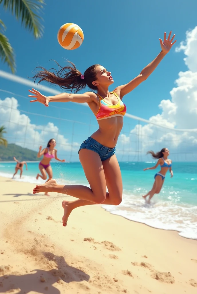 a 24 year old white woman, beautiful body, long straight brown hair and brown eyes, pink bikini, playing volleyball on the beach