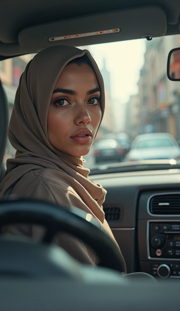 A light-skinned woman wearing a hijab, With plump lips and big eyes, she is in the car looking at the camera with a seductive face