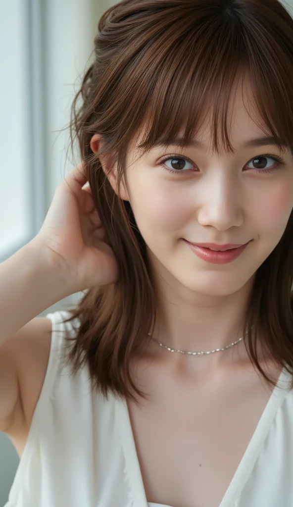 (8k、RAW Photos、Highest quality、masterpiece:1.2)、(Realistic、Realistic)、girl、((white、whiteい肌、Too much exposure、大きなchest、裸のchest、Ofeet、Knead、smile、View from the front、T-Shirts、T-Shirtsを捲し上げる、chest)、Lots of eyelashes、Glowing eyelids、skeletally correct