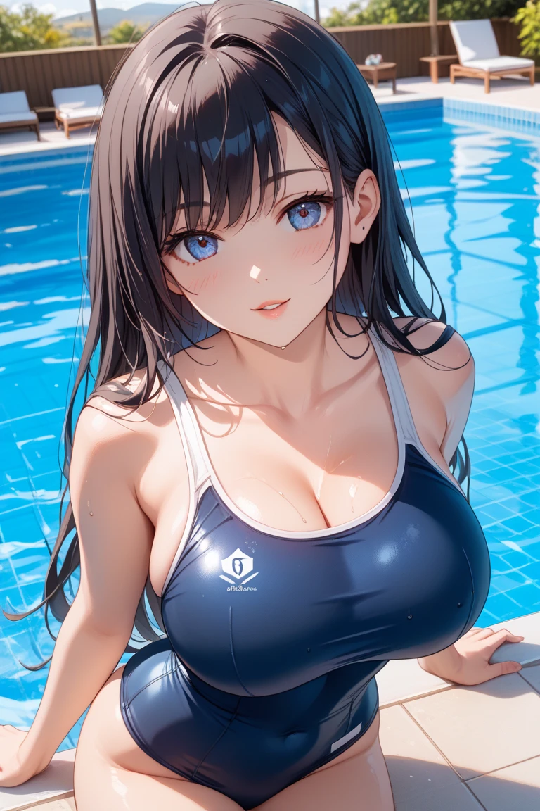 realista、Menina de 18 anos、Wearing Competitive Swimsuits，sorrir，Cleavage emphasis，Cara Real，lips a little red，bochechas um pouco vermelhas，Um sexy，Piscinas
