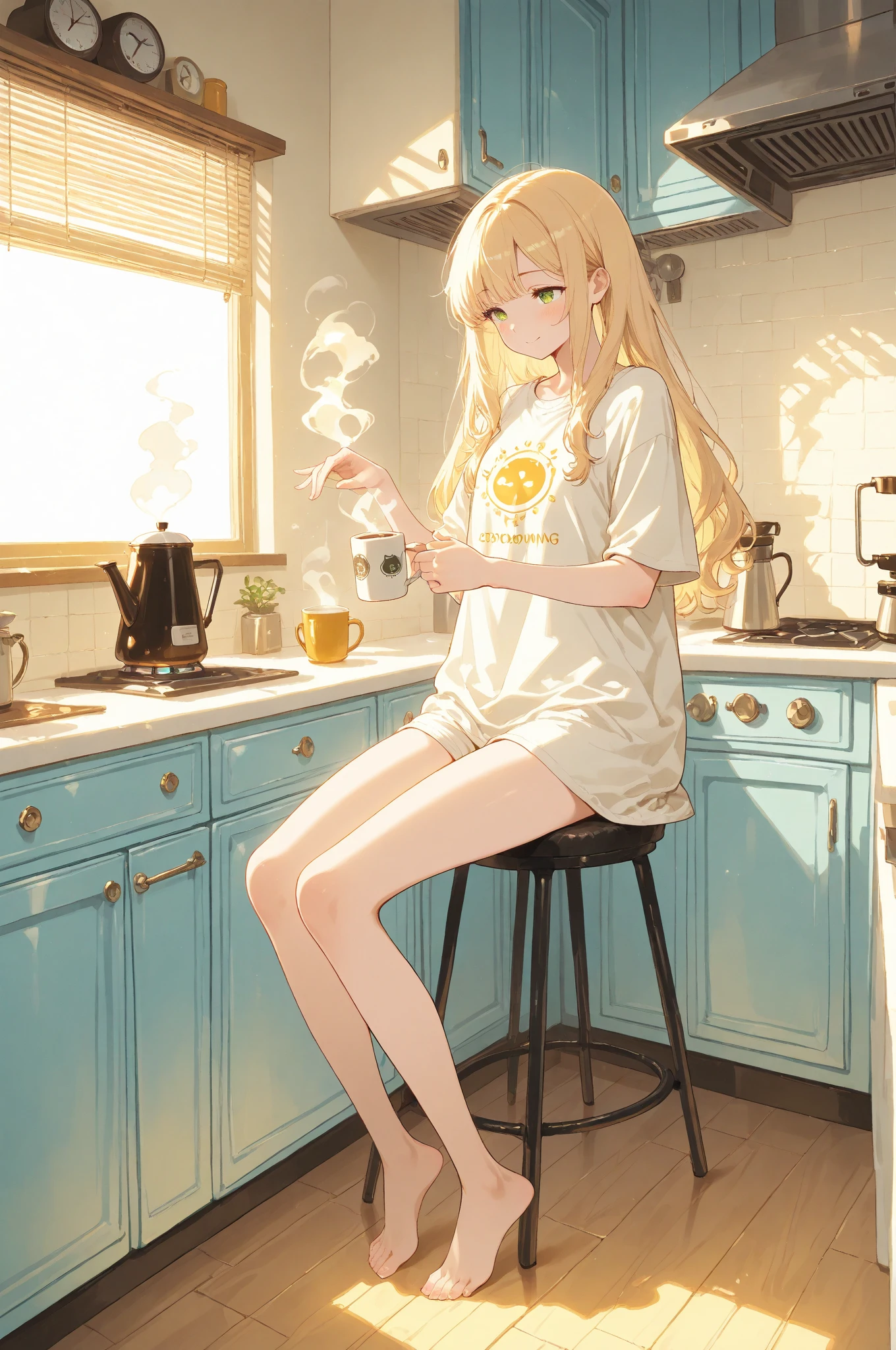 Girl with long blonde hair wearing a long white t-shirt sitting on a couch in a skirt and no panties eating popcorn spreading her legs