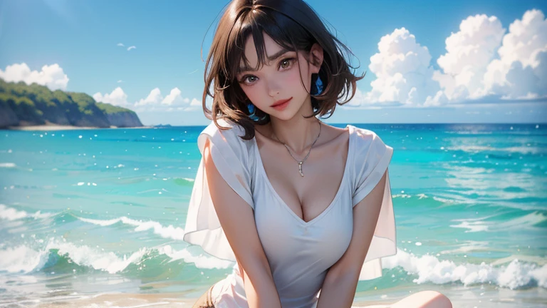 (Highest quality、masterpiece、High resolution、8K)、Vibrant colors、Young and beautiful woman 1、whole body、Brown and black short bob、barefoot、(Detailed face、Beautiful Eyes、Beautiful nose、Pretty lips)、Ample breasts、Beautiful cleavage、White T-shirt and shorts、Running on the beach、A refreshing smile、looking at the camera、Official Art、The background is the sea、blue sky、White waves and wide sandy beach、Wide forest、White Entrance Cloud、(Depth of written boundary:1.5)、Professional Lighting、