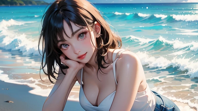 masterpiece, Highest quality, (Highly detailed CG Unity 8k wallpaper), (Highest quality), (Best illustrations), (Best Shadow), Absurd, Realistic lighting, (abyss), Beautiful sparkle, art:PeterMohrBacher, nsfw, japanese girl, highly detailed hair, Wide-open eyes、Glossy lips、Big Breasts、see-through, smile、