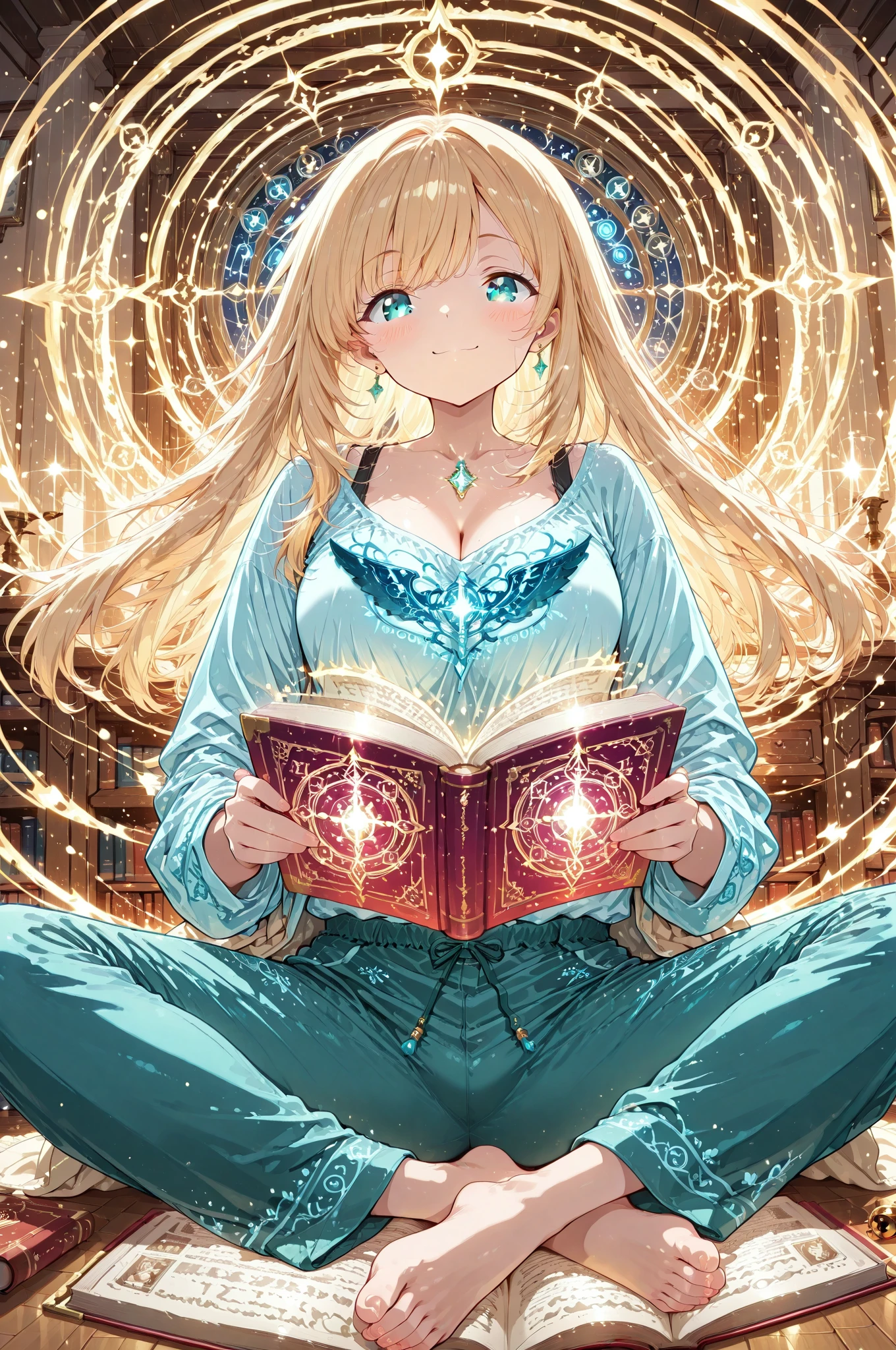 1girl, book, quill, blonde hair, long hair, solo, blue eyes, table, indoors, head rest, blurry, candle, bookshelf, bird, bug, open book, inkwell, butterfly, sitting, long sleeves, light particles, dress, magic circle, feathers, smile, depth of field, wooden table, blurry background, closed mouth, jewelry