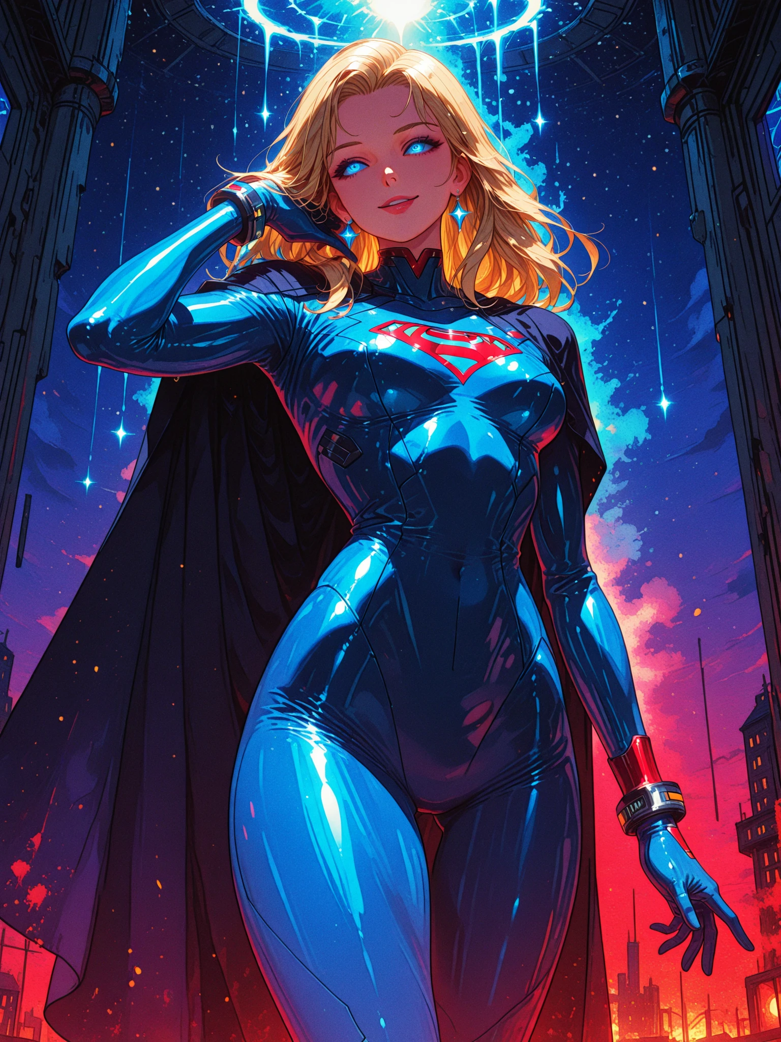 a digital painting of long-haired supergirl, cyberpunk art by Josan Gonzalez, winner of the behance contest, afrofuturism, synthwave, neon, shiny neon, thick thighs, thin waist, sensual, nsfw, little clothing, erotic art, anime, lightning coming out in one eye