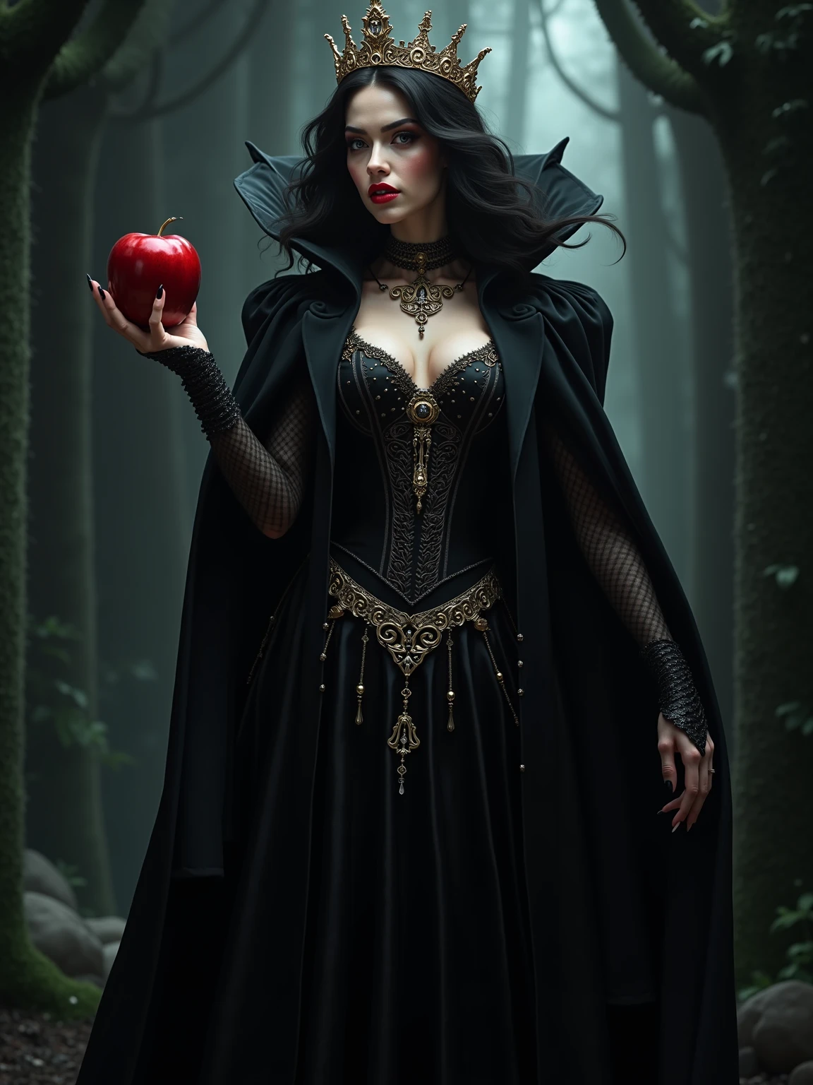 Girl,Black long hair，Black Queen，accessories，Apple in hand，Poison apples，Witch Queen，Red lipstick