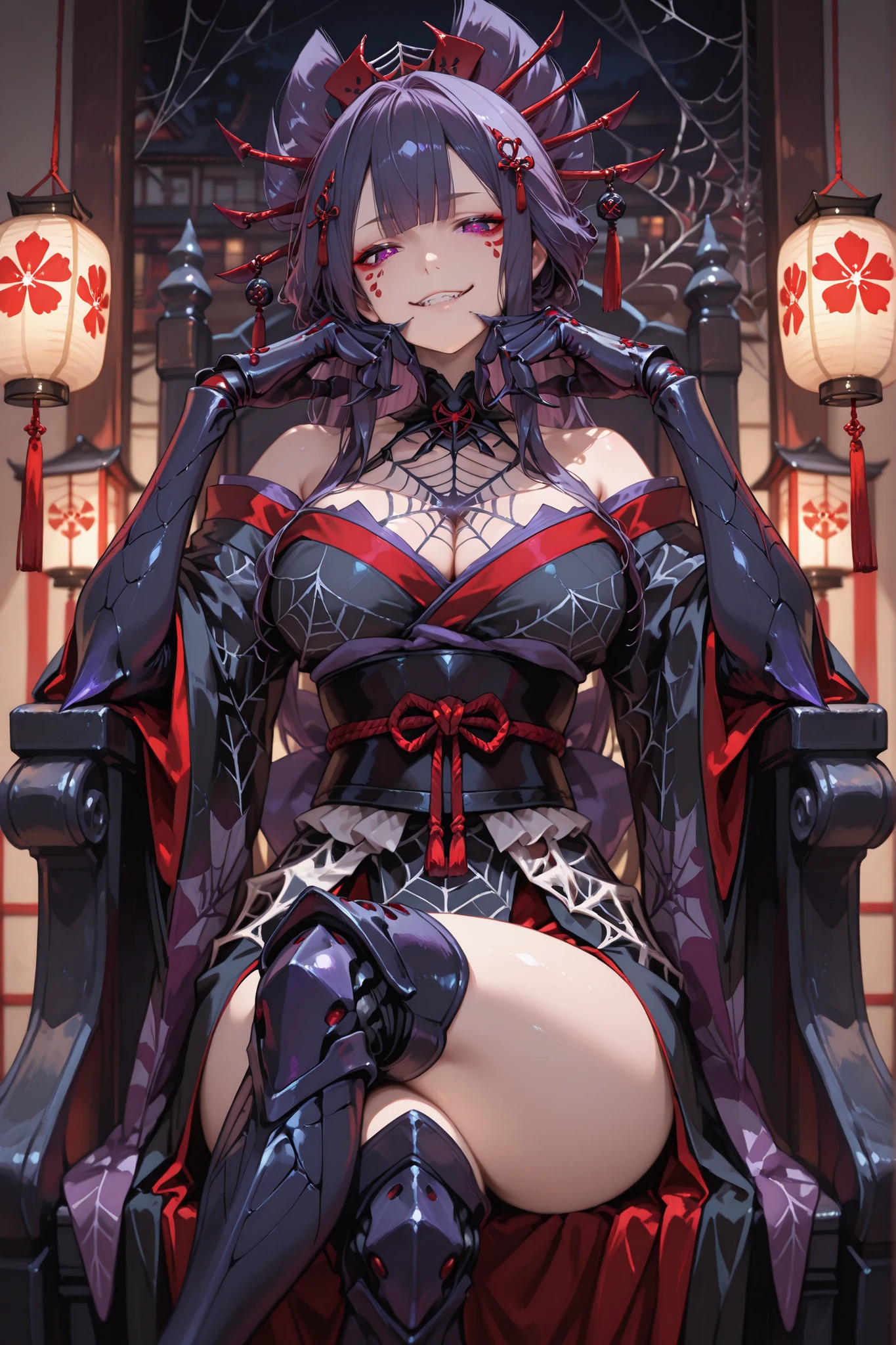 Japanese demonic girl. Dark purple hair. Long hair. Straight bangs. Spider hair accessory. Eyes without highlights. Glowing purple eyes. Crackling facial tattoos. Sarcastic smile. Oiran costume. Japanese kimono. Black costume. Villain Dress. Spider web kimono. Sharp claws. Armored fingers. Spider web pattern chest. Asymmetrical arms. Large breasts. Thighs. Spider legs entwined. Spider legs on waist. Resting chin on hands. Sitting on the throne. Crossing legs. Dark interior. Japanese house. Japanese lantern. Butterfly drawing lantern.