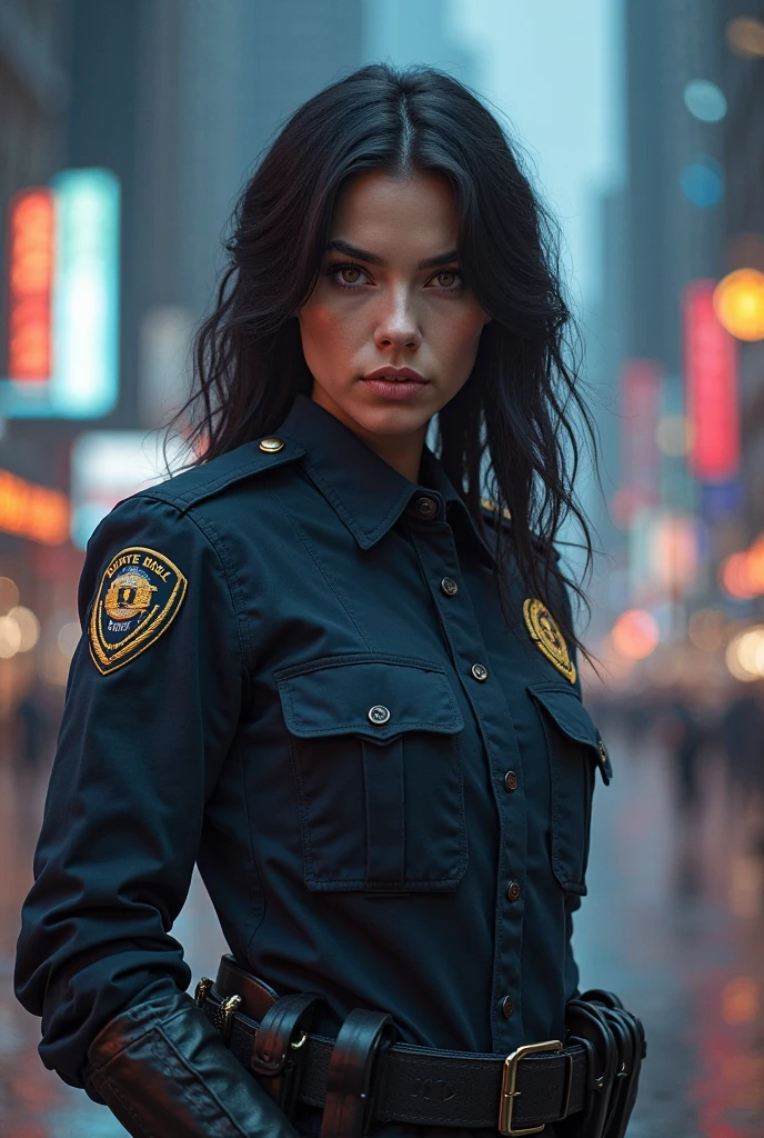 standing alone, (uniforme policial, Policerman), Stockings, city lights, (looking at the audience: 1.3), separated lips, Red lips, shining skin, Dents in the skin, best qualityer, ultra-high resolution, (真实感: 1.4),  