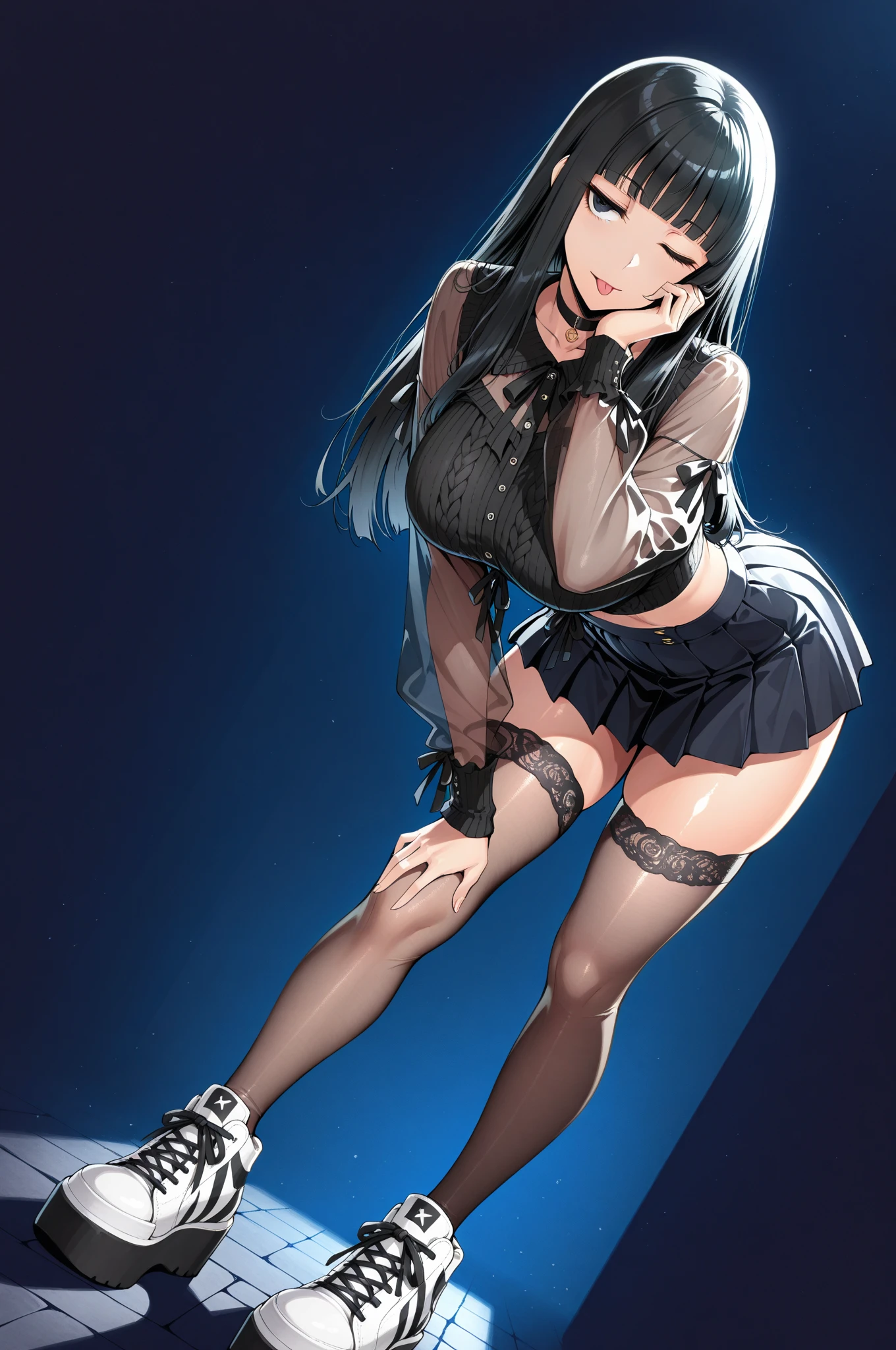 4K Ultra Clear，16-year-old girl，half squatting，legs are open，Lace，Black jumpsuits、cleavage
