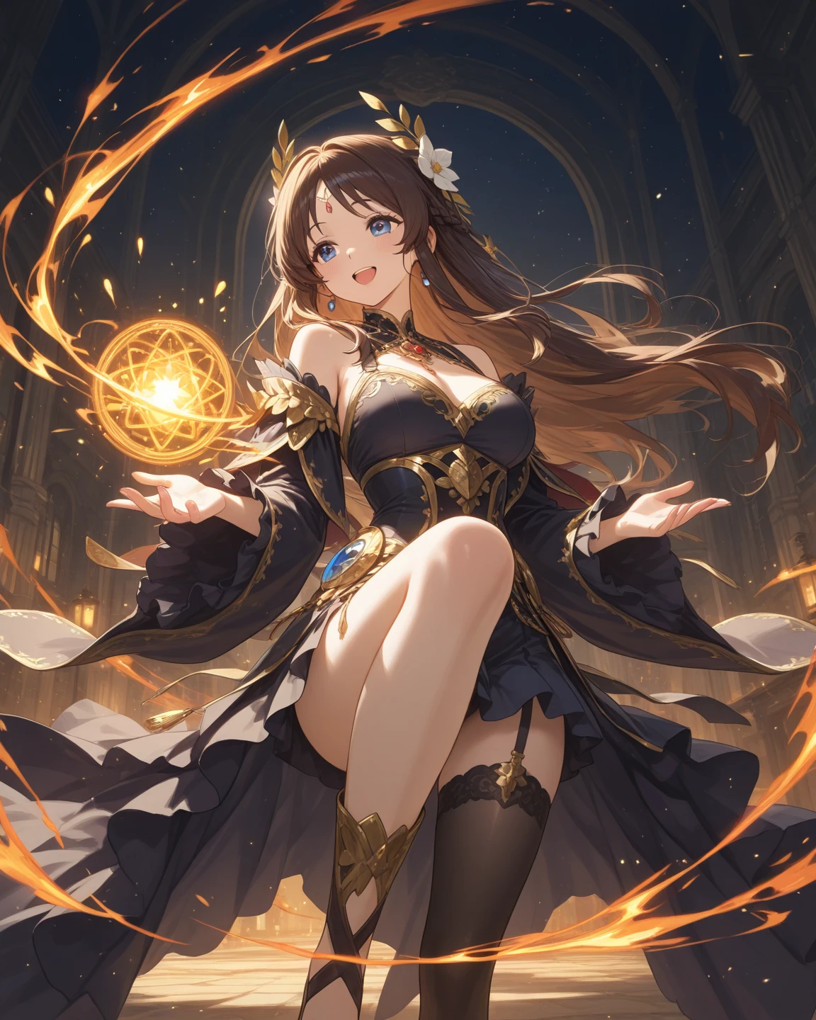 Beautiful woman　　Big Breasts Beautiful Black dress
　　黒Brown Hair　smile　　Masterpiece extremely beautiful 22歳　magic light magic circle、Magical chant、Magical powers High-definition depiction, Realistic, 8k, Unity, wide shot, light smile, Beautiful and clearly painted, explosion, beautiful  witch, witch's veil, witch clothes, Countless rays of light falling down, swirling light, big explosion background, one arm up over head, Intense light is emitted from the magic circle in front of the girl.