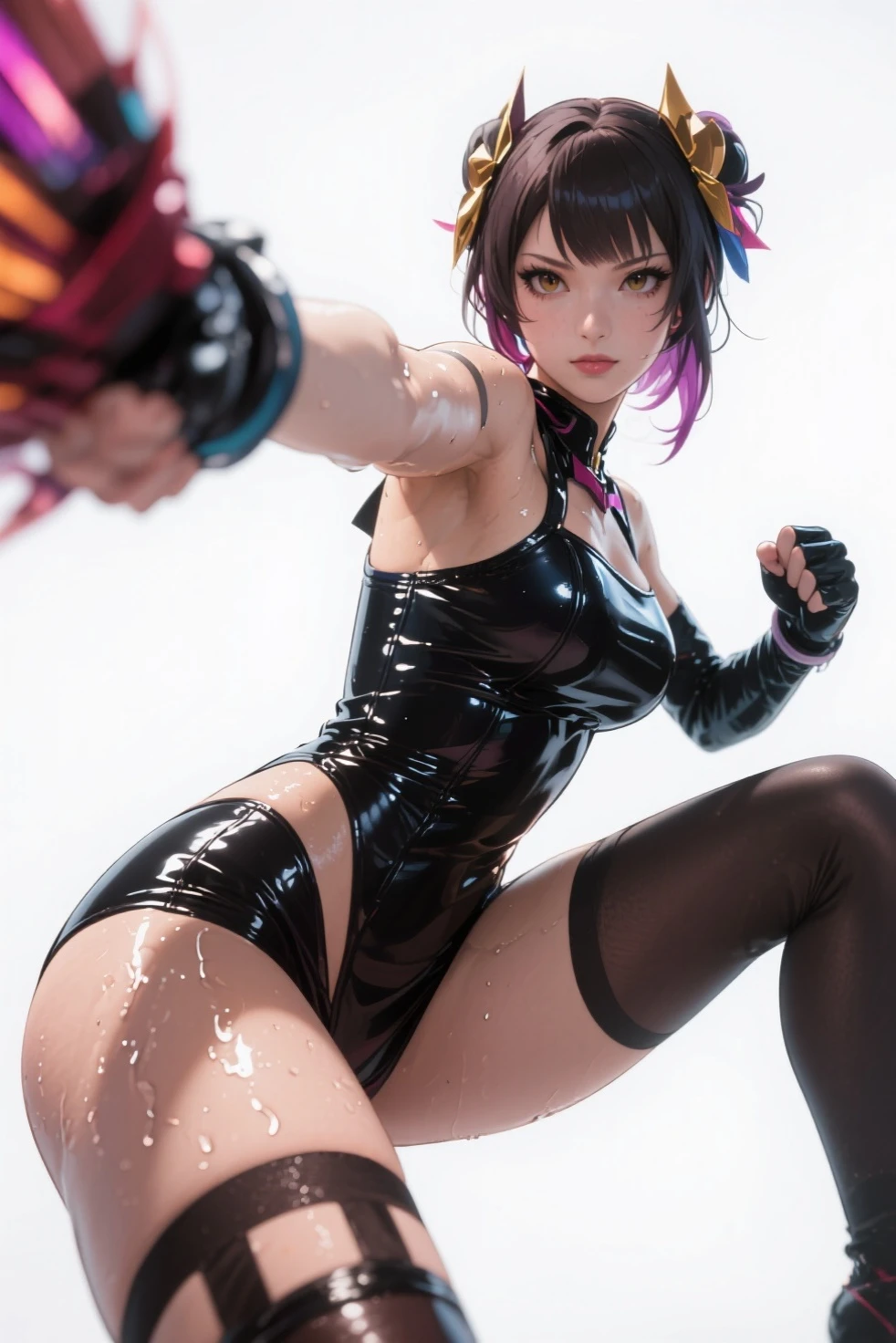1 Girl donghua, Best quality, Ultra Detail, 8K, Ultra high realistic, Detailed face, Full body, standing, Ultra high realistic, Detailed face, (Blushing:1.3), Wet skin, Latex bra, Latex hot skirt, Ahegao face, beautiful breasts, body details, Oil skin, big thighs
