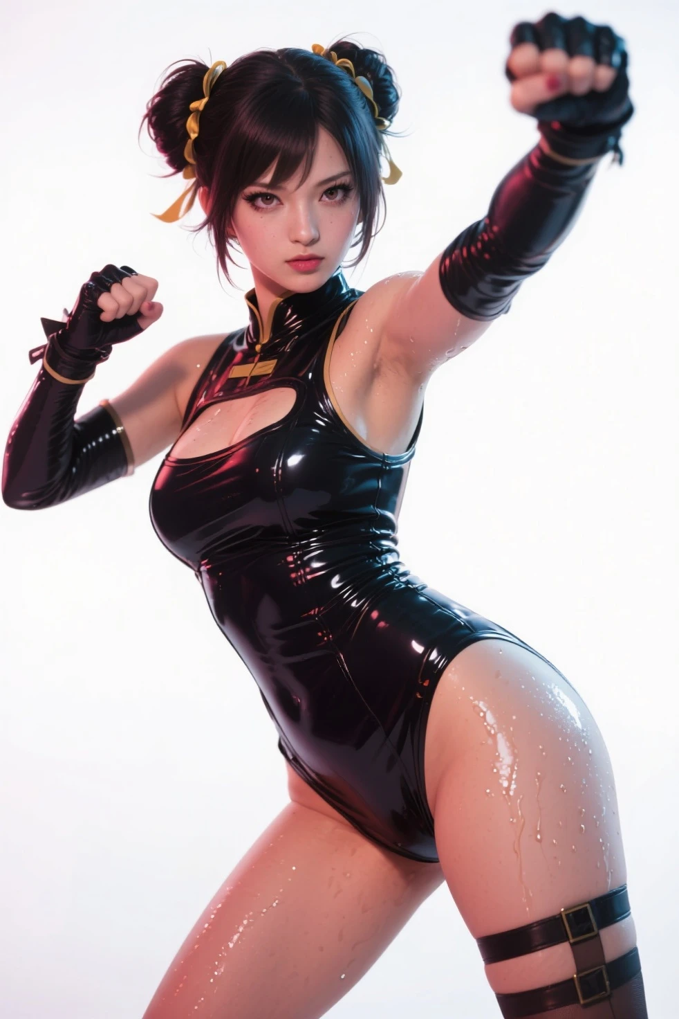 - [ ] Full body photo, photo, sharpness, unique 850 4, Koda850 k portrait camera, F1.6 lens, ultra-realistic textures, spectacular light textures, Cinestil 800 fashion mechanics, appearance, beautiful girl with accentuated slender abs: 1.4,Six Pack Abs: 1.4, Bust Botox,standing on tiptoe, long legs,brown hair, long hair, (wearing a torn sheer costume of a superheroine) ),(no panties, no bra),sweating,wet,wet crotch,wet thighs,(futuristic sci-fi battle fashion,elbow and knee cyberpad, cyberglove: 1.1),((torn costume)),belly and navel visible,thin sheer costume, shredded costumes,cyber long combat boots with golden knee pads,anatomical,(futuristic sci-fi battle fashion, cracked elbow and knee cyberpads, torn cyberlong boots, torn cybergloves: 1.1),pain,(((tears flow, cry with pain)),(wide prison with sunlight)),dark fantasy, peeling of the ceiling, broken slabs, rebar between cracks, realistic material details, extreme details, ultra-realistic materials, broken walls,blood、junkyard, blood splattered on the face, blood splattered, realistic, (bruises, dirty, ripped clothes, skimpy clothes, blood: 1.3), torn cloak, Torn pantyhose, restraint, ((straddling the iron bar)),(tied perfectly by iron chain), restraint, slave, collars, contempt, (chained), chains digging into the crotch, hands tied behind the back, invisible hands, ((4 chains hung from heaven)), metallic shackles and fetters, wet crotch clearly visible,((both wrists restrained above the head)), (((left leg tied at the knee is suspended)), Five chains on both hands, legs and neck, chained from the left knee to the heavens, chained by rusted iron chains, ((((A thin metal drill to the crotch sticks out of the ground))), The left leg extends straight up without bending the knee,((Chains on clothes)),Broken Golden Shields and Battle Spears, Golden Shoulder Armor and Combat gloves, ((the tip is protruding, the areola protrudes, the shape of the pubic area is clearly visible))),((iron pipe into the crotch))), Left leg