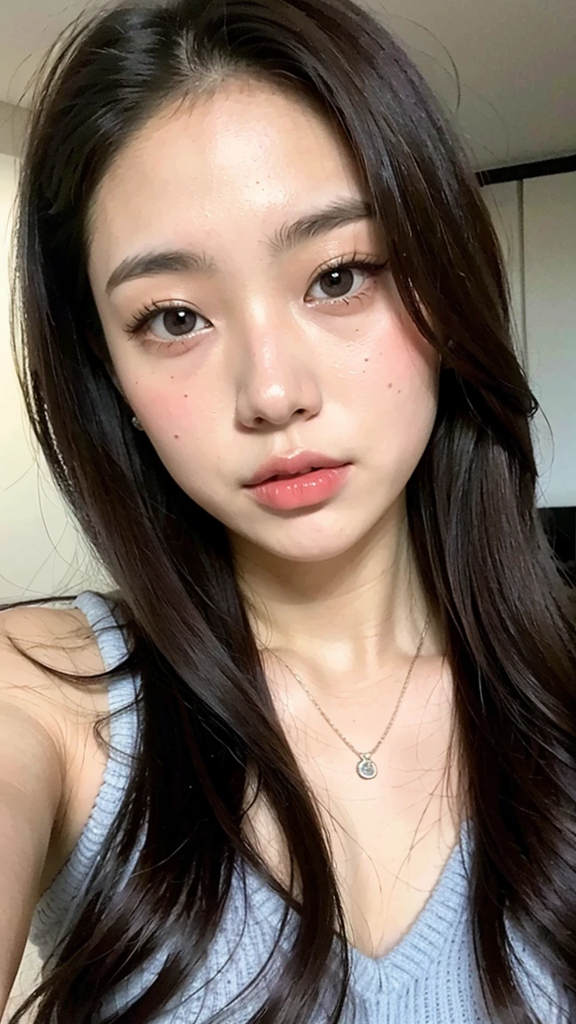 beauty, hidden face, 1 girl, beauty: 1.3, Slim Abs: 1.1, Camisole vest, Long brown hair, (Sit on the bed), Highly detailed face, Highly detailed lips, Detailed eyes, double eyelid