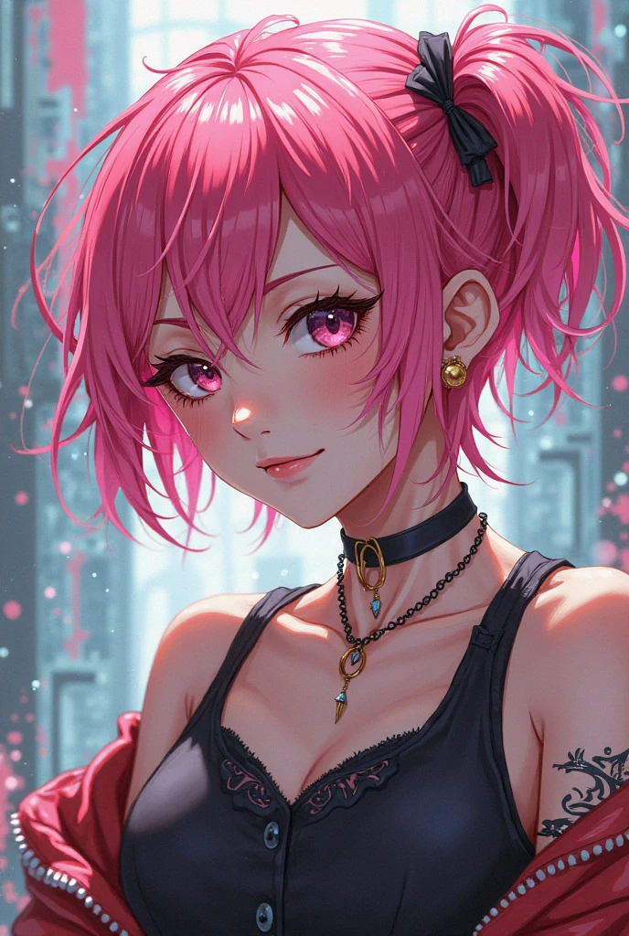 Perfect face. Perfect hands. A pink haired woman with violet eyes and an hourglass figure in a pair of leggings and a tight crop is lounging in a Gothic living room with a tired smile