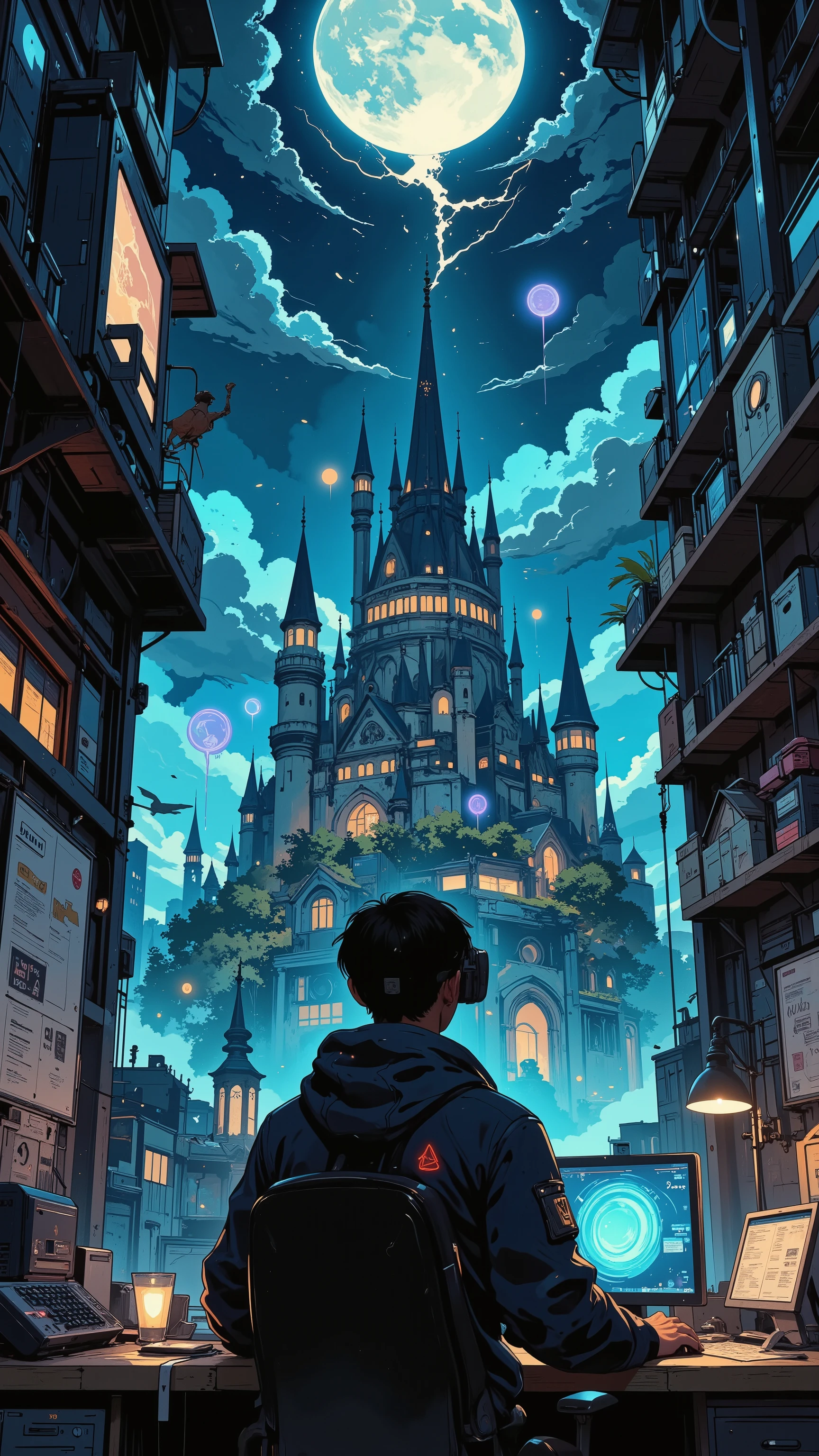 top quality, Masterpiece, photorealistic, 8K ultra-high resolution, 【real world】
- The back of the head of a young man wearing VR goggles in the foreground
- A typical single living room
- gaming chair
- Cluttered desks and gaming devices
- Convenience store bag and cup ramen 【The boundary between reality and fantasy】
- Room wall collapsed and digitized
- Real furniture transformed into medieval furniture
- Magical light leaking out of the PC monitor
- Digital glitch effects
- Floating particles with numbers 0 and 1 【Eroding RPG World】
- Huge Crystals Growing from Desks
- The bed has been transformed into an ancient altar
- An otherworldly night sky where the ceiling disappears
- Magical books overflowing from bookshelves
- The closet is converted into an arsenal
- A magic circle rising from the floor 【fantasy elements】
- A treasure chest that appeared in the corner of the room
- Magical Mist Rising from Energy Drink Cans
- Ornamental plants grow into mysterious magical trees
- A floating castle seen out of the window
- Phantom Adventurers Guild Members 【Visual Effects】
- RPG UI floats as a hologram
- Level up effects
- Character status screen
- View quest information
- Damage value rendering 【lighting】
- Blue Light from the Monitor
- Fantastic brilliance from the magic circle
- A mix of reality and fantasy light
- Cyberpunk and fantasy fusion light source