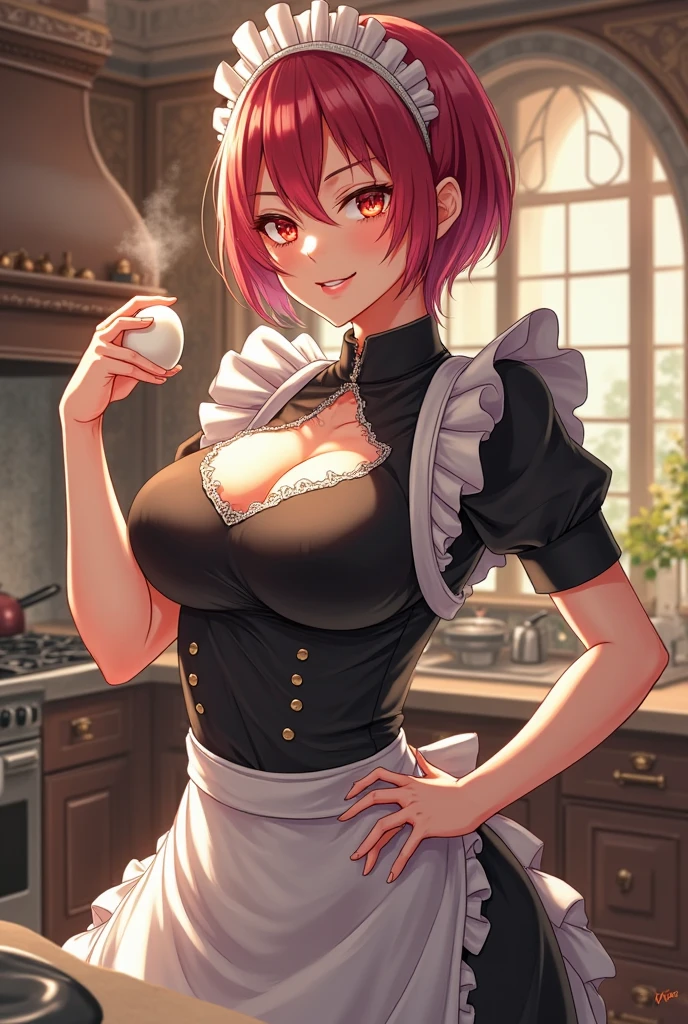 score_9, score_8_up, score_7_up, source_anime, 1girl, red hair, short hair, messy hair, red eyes, almond pupils, dark skin, cat ears, large breasts, eyeglasses, naughty face, micro bikini maid, headdress, blouse, skirt, apron, areola, private room, mansion,