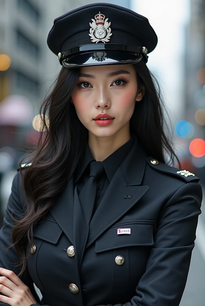 (An eye patch made of black leather on one eye:1.9), A young and very beautiful woman in a black sexy tight military uniform. Very detailed顔の特徴, Thick lips, Beautiful Eyes, Perfect Skin, Ideal body type, military cap, Riding Mamachari:1.7, Captivating look, In a typical Japanese shopping street, Realistic, 8k, Very detailed, Cinema Lighting, Dramatic Shadows, Cold Tones,