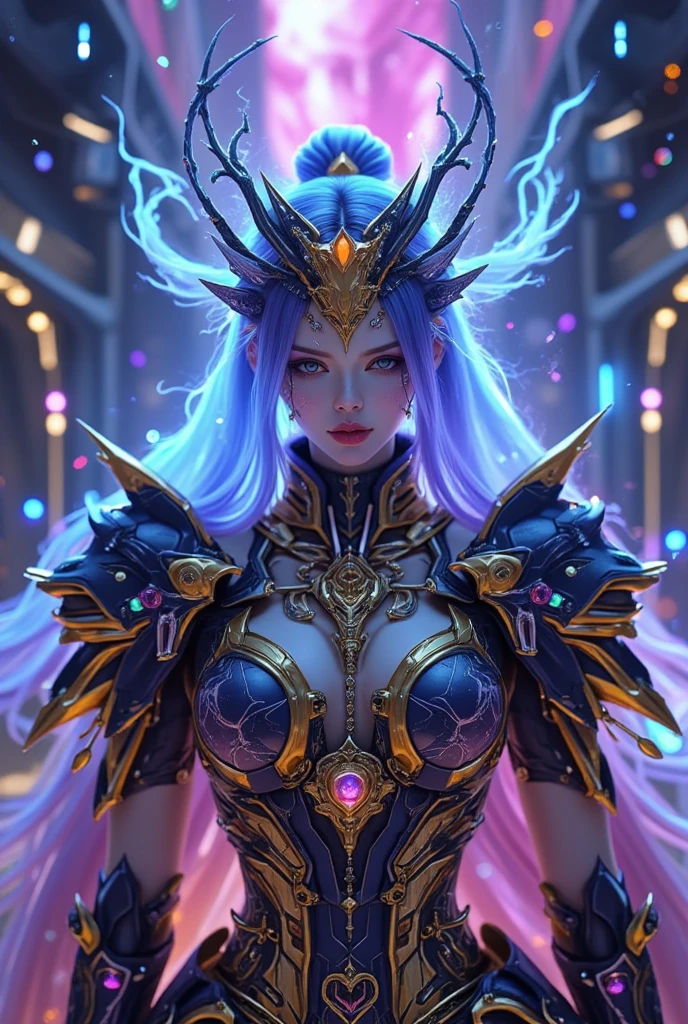 Ultra-high resolution, Masterpiece, 8K, (Photorealistic: 1.1), Raw photo, Best quality, Sharp focus on the breasts, Tang suit, see-through Hanfu, free-flowing surrealist style, and colorful robot technology Image of a woman wearing, shiny/glossy, accurate and realistic, hard surface modeling, precise lines, bright gold and azure, engineering/construction and design, luminous headphones, luminous hair accessories, long hair, luminous earrings , luminous necklace, cyberpunk, transparent clothes, rainbow colors, beautiful face, detailed face, perfect proportions, huge breasts, thin waist, navel, crotch gap, thighs, laboratory, machine, control panel, wiring cord, lots LED, Colorful LED, (Dynamic pose:1.25), (Depth field: 1.3), (((Bokeh))), Ambient lighting, Front light, (Face lighting: 1.5),